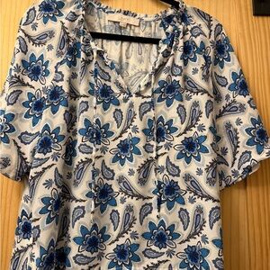 LOFT White and Blue Floral Blouse